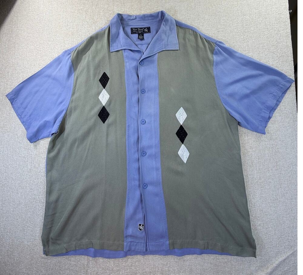 Nat Nast Men Tan Blue 2XL 100% Silk Bowling 50s Short Sleeve Button Front Shirt